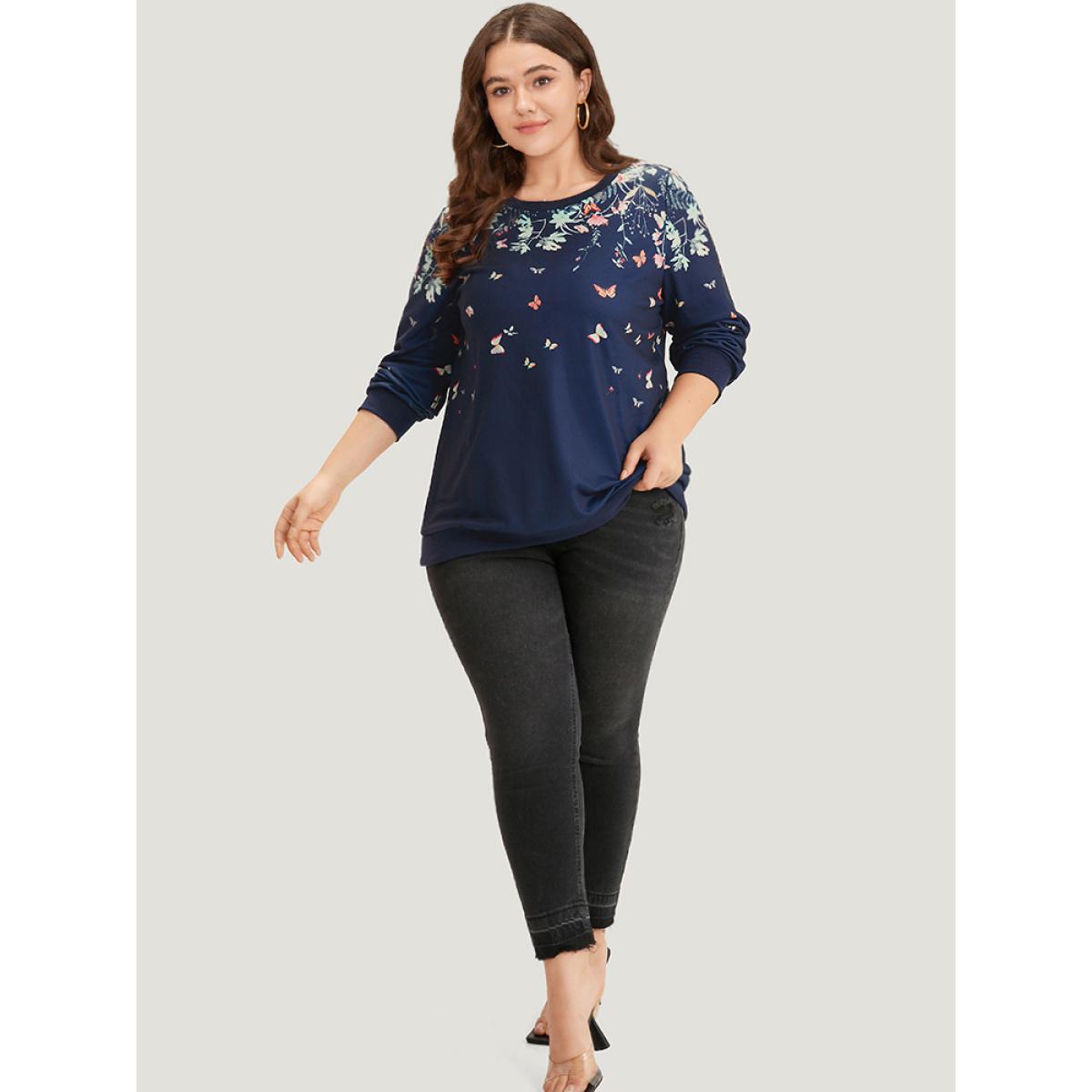 Plus Size Boho Print Elastic Cuffs Round Neck Sweatshirt Women Blue Elegant Elastic cuffs Round Neck Dailywear Sweatshirts BloomChic 30/6X Product Image