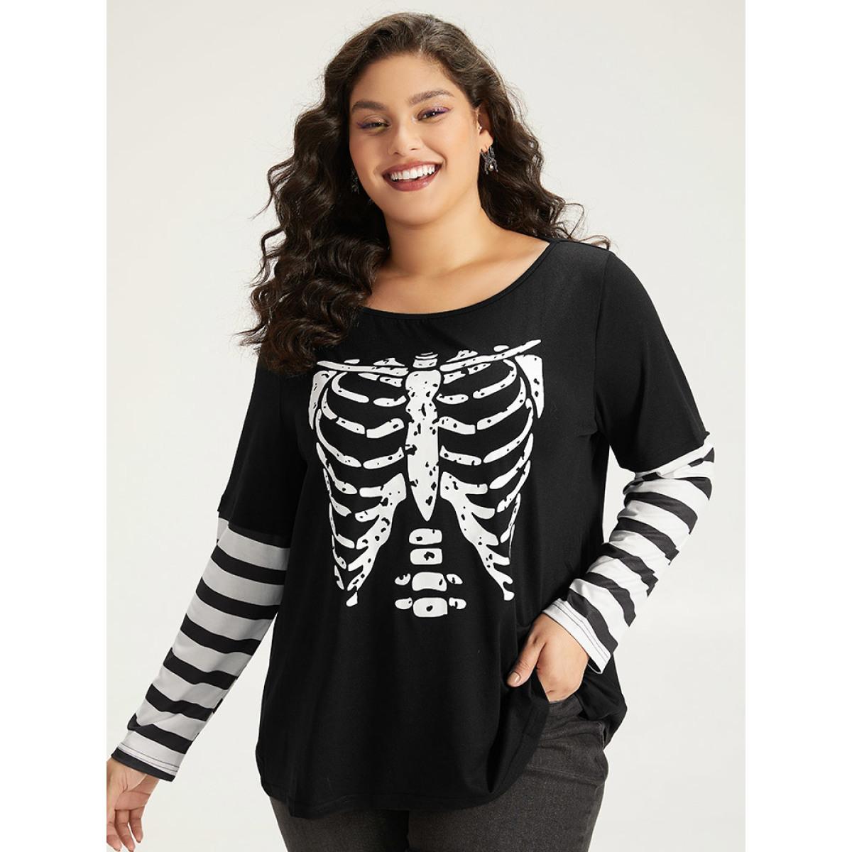 Plus Size Halloween Striped & Skull Print Patchwork T-shirt Black Women Casual Printed Halloween Festival-Halloween T-shirts BloomChic 28/5X Product Image