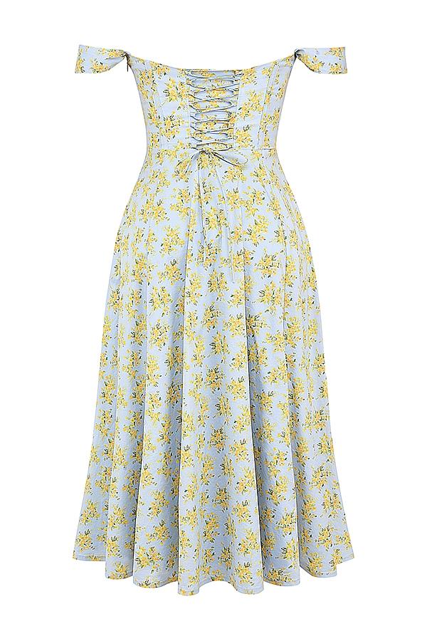 Saira  soft blue vintage floral print cotton midi sundress Product Image
