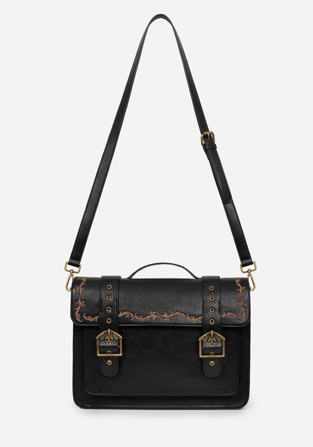 Rosamoth Buckle Vine Embroidered Satchel Bag - Black Product Image