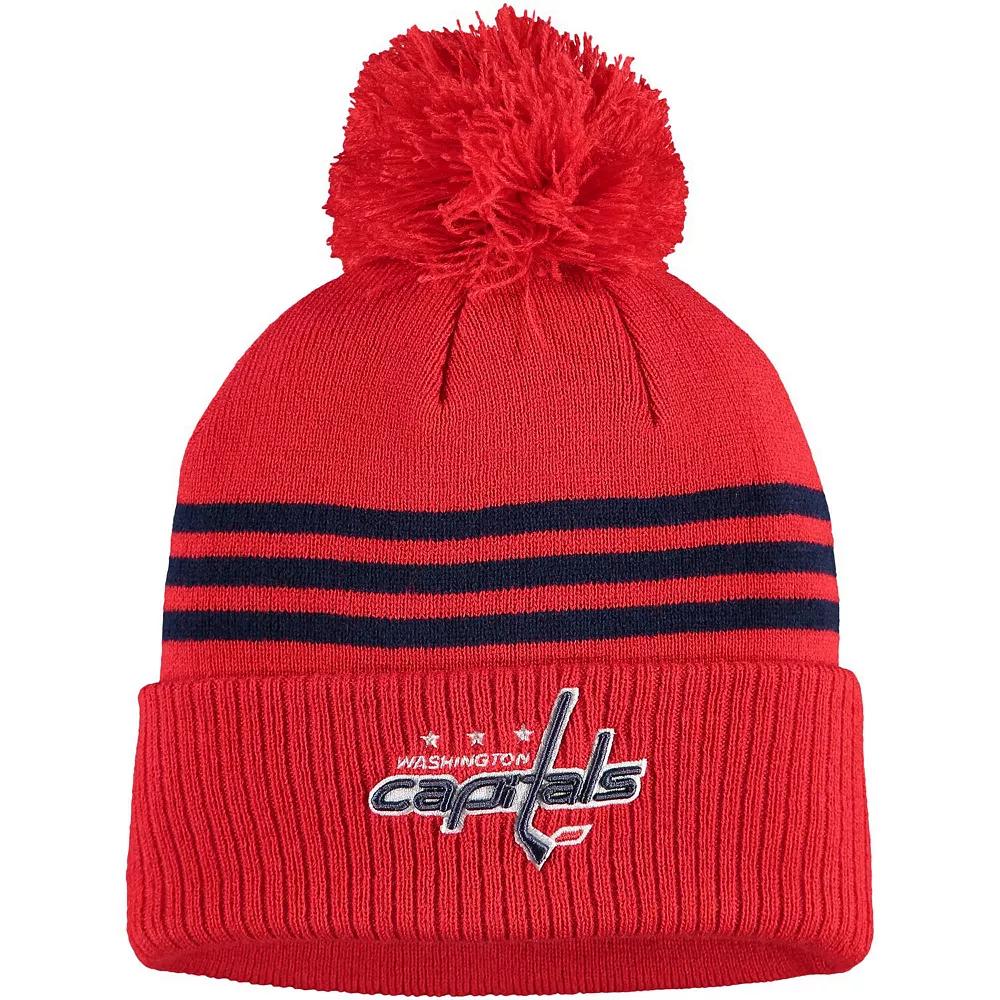 Men's adidas Red Washington Capitals Locker Room Three Stripe Cuffed Knit Hat with Pom Product Image