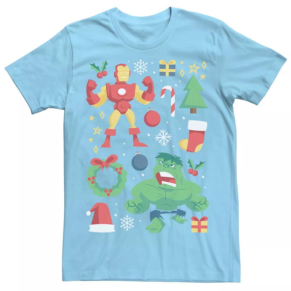 Men's Marvel Avengers Iron Man And Hulk Holiday Collage Graphic Tee, Size: Large, Light Blue Product Image