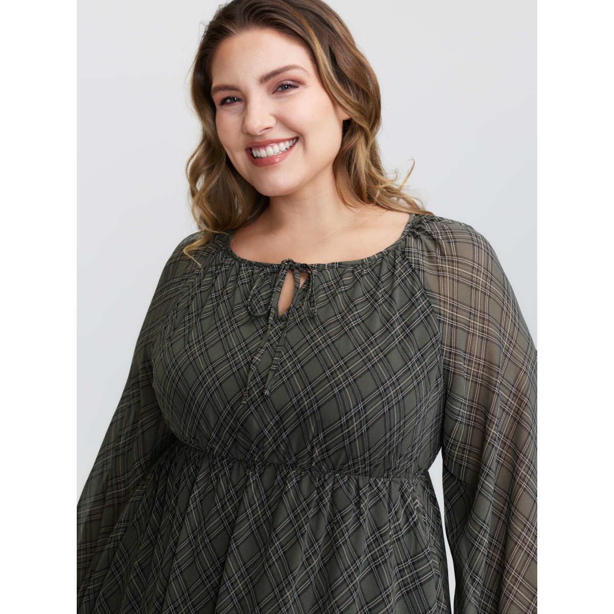 Plus Size Diamond Print Neck Tie Midi Dress DarkSlateGray Women Leisure Tie knot Round Neck Extra Long Sleeve Curvy BloomChic 26/4X Product Image