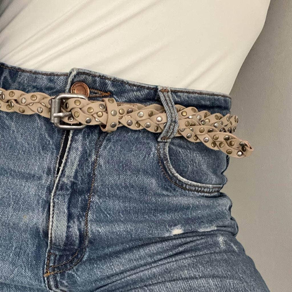 Amara | Silver Buckle Studded Braided Leather Belt Women: Taupe Product Image