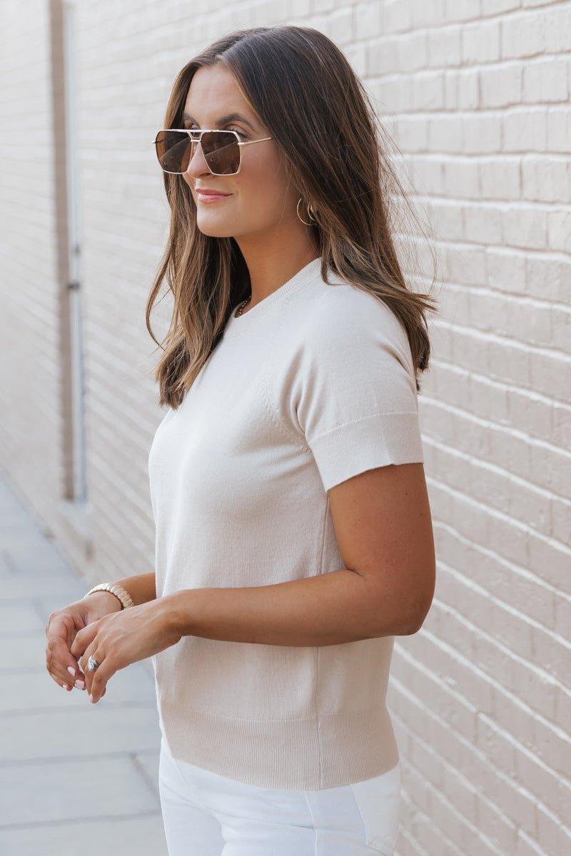 Beige Short Sleeve Crew Neck Sweater Product Image