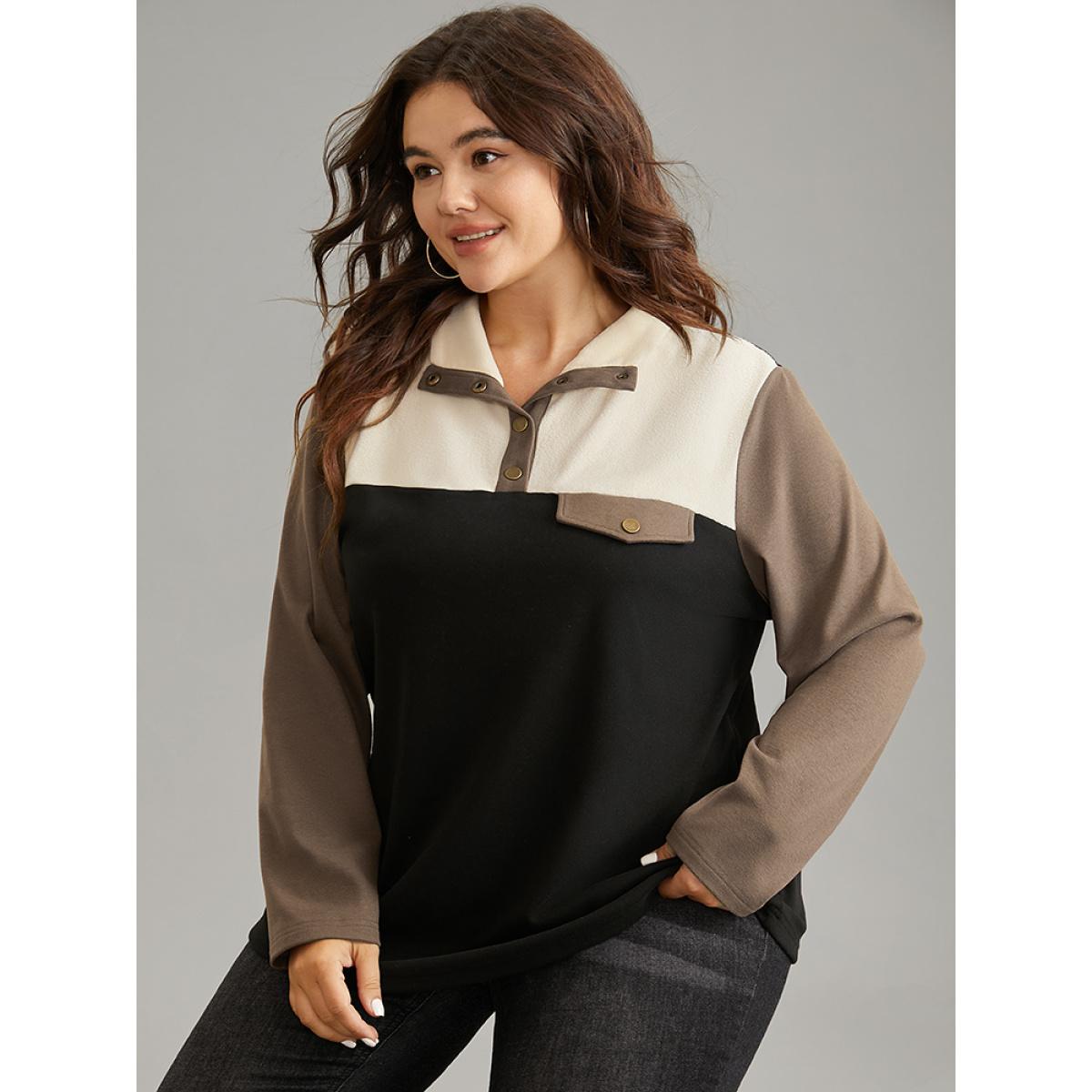 Plus Size Contrast Patchwork Button Up Flap Detail Sweatshirt Women Black Casual Contrast Lapel Collar Dailywear Sweatshirts BloomChic 14-16/1X Product Image