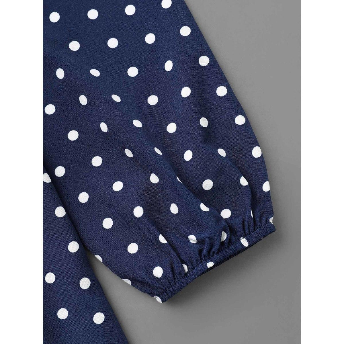 Plus Size Indigo Polka Dot Gathered Lantern Sleeve Blouse Women Elegant Long Sleeve Round Neck Everyday Blouses BloomChic 28/5X Product Image