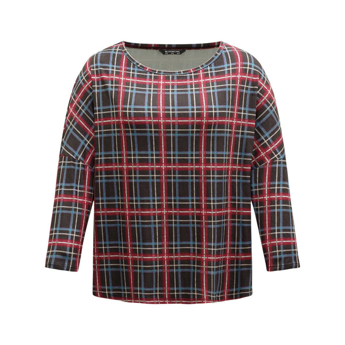 Plus Size Plaid Dolman Sleeve Round Neck T-shirt Multicolor Women Casual Contrast Plaid Round Neck Festival-Christmas T-shirts BloomChic 30/6X Product Image