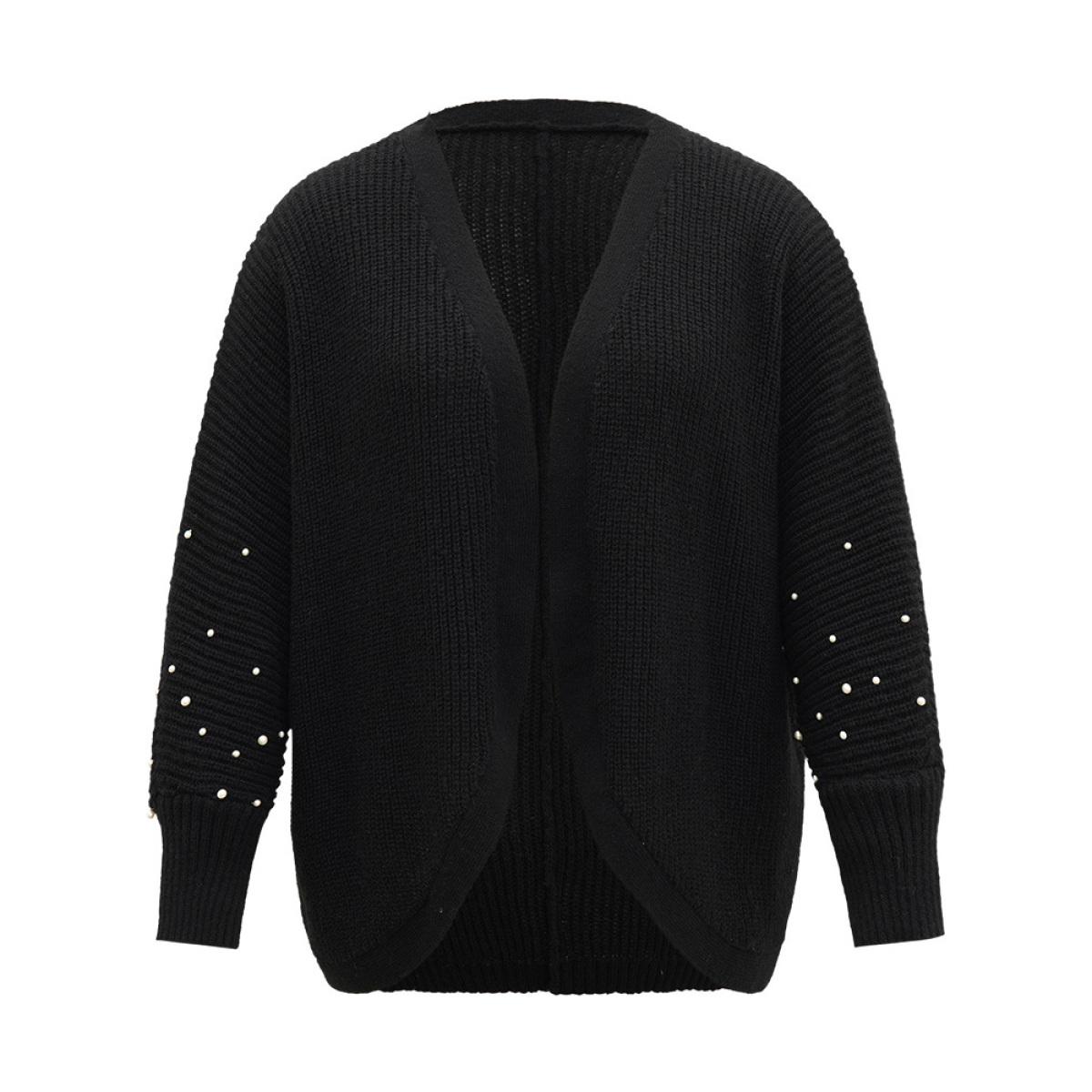 Plus Size Patchwork Pearl Beaded Curved Hem Cardigan Black Women Casual Loose Long Sleeve Dailywear Cardigans BloomChic 18-20/2X Product Image