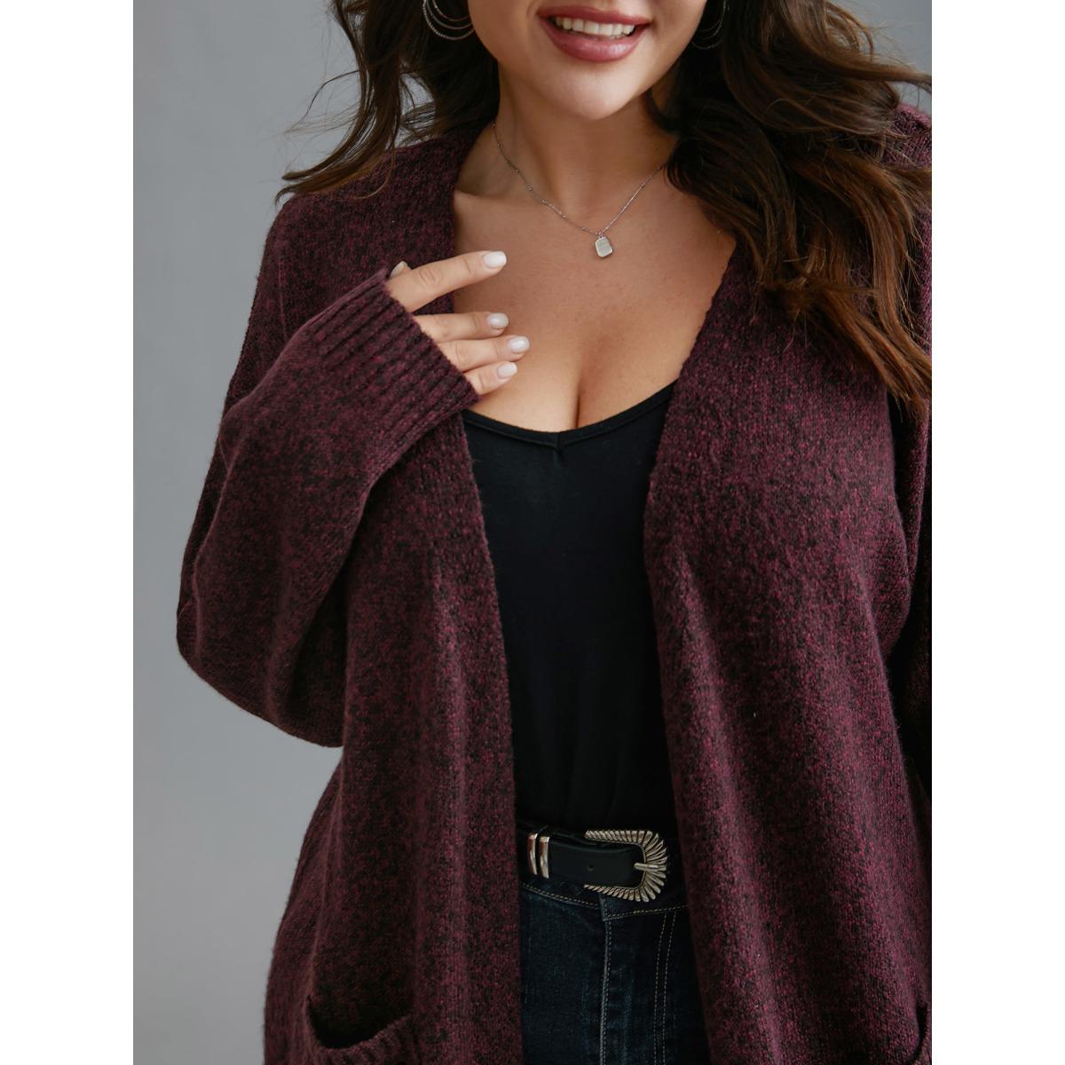 Plus Size Solid Patch Pocket Long Knit Cardigan Deepred Women Casual Loose Long Sleeve Everyday Cardigans BloomChic 28/5X Product Image