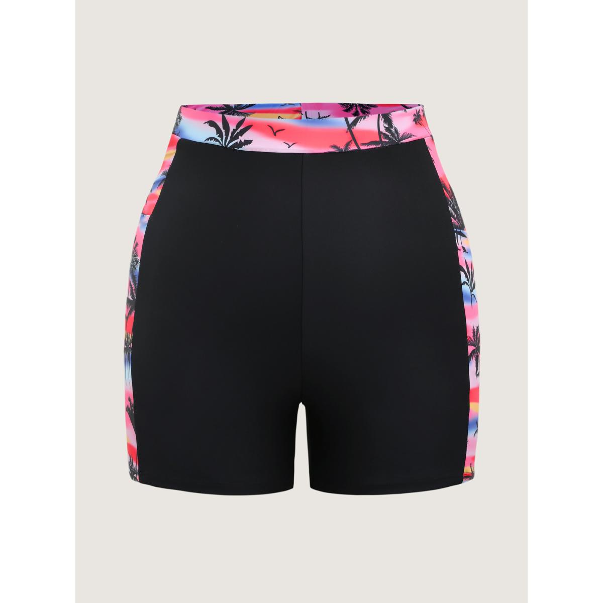 Plus Size Tropical Contrast Print Pockets Swim Bottoms Women's Swimwear Black Beach Contrast High stretch Skinny High Rise Side seam pocket Curve Swim Bottoms BloomChic 12/L Product Image