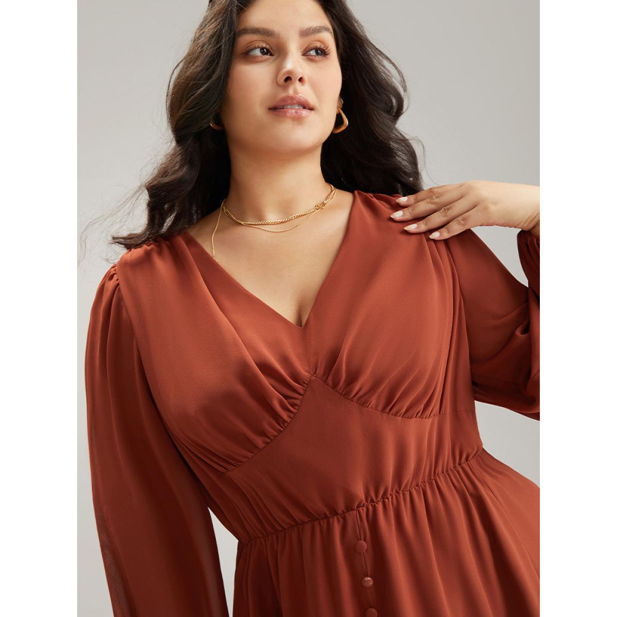 Plus Size Chiffon Plain Split Hem Button Detail Dress Rust Women Elegant Elastic cuffs V-neck Long Sleeve Curvy Midi Dress BloomChic 30/6X Product Image