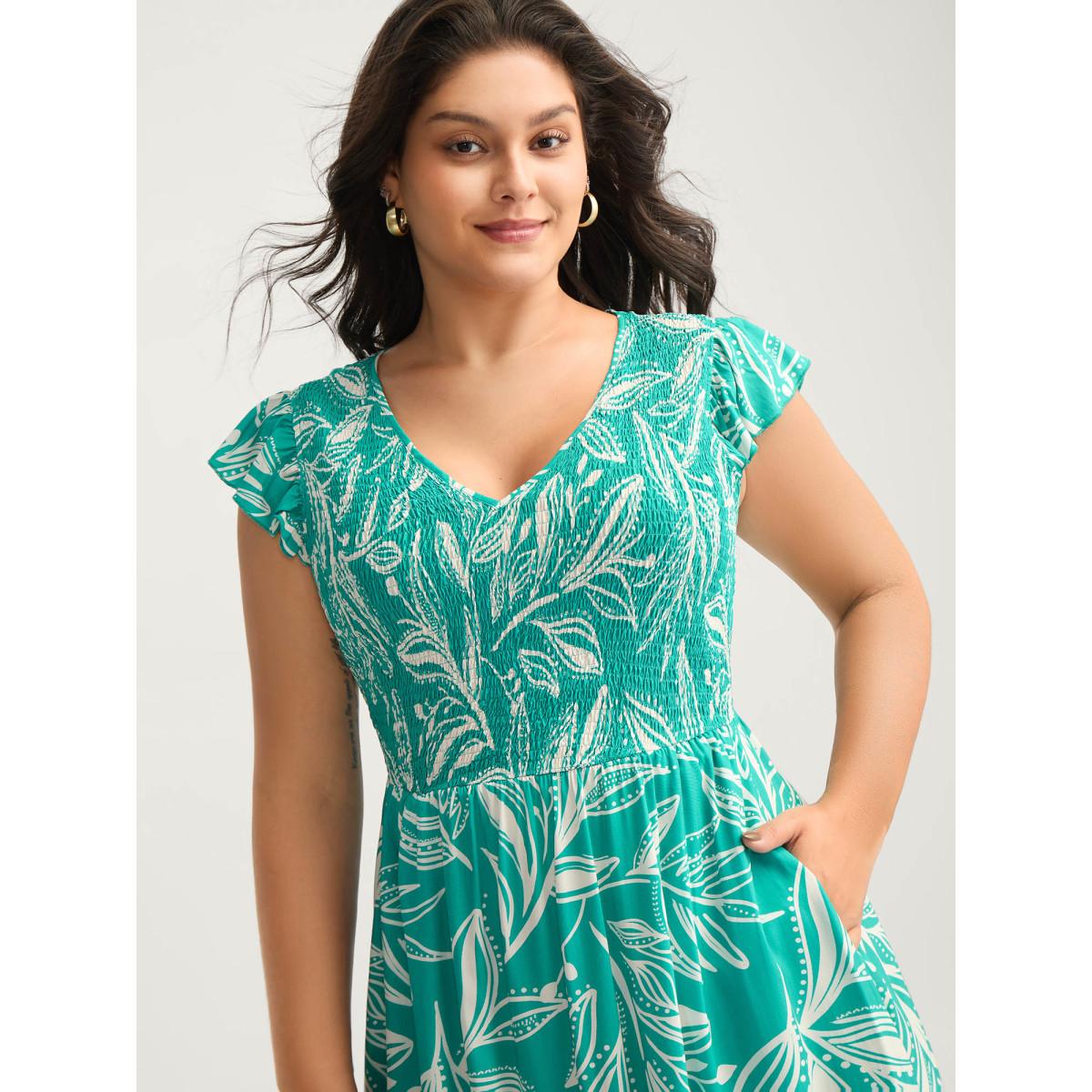 Plus Size Rayon Leafy Print Shirred Midi Dress Arctic Women V-neck Cap Sleeve Curvy BloomChic 30/6X Product Image