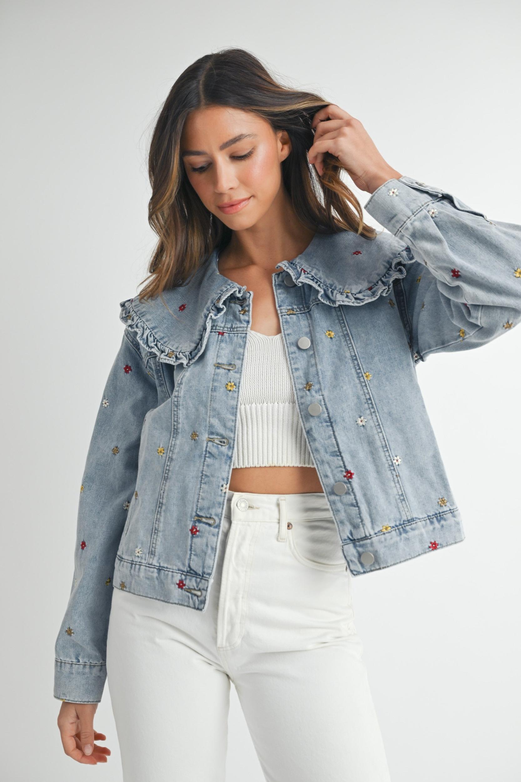 Peter Pan Collar Embroidered Denim Jacket Product Image
