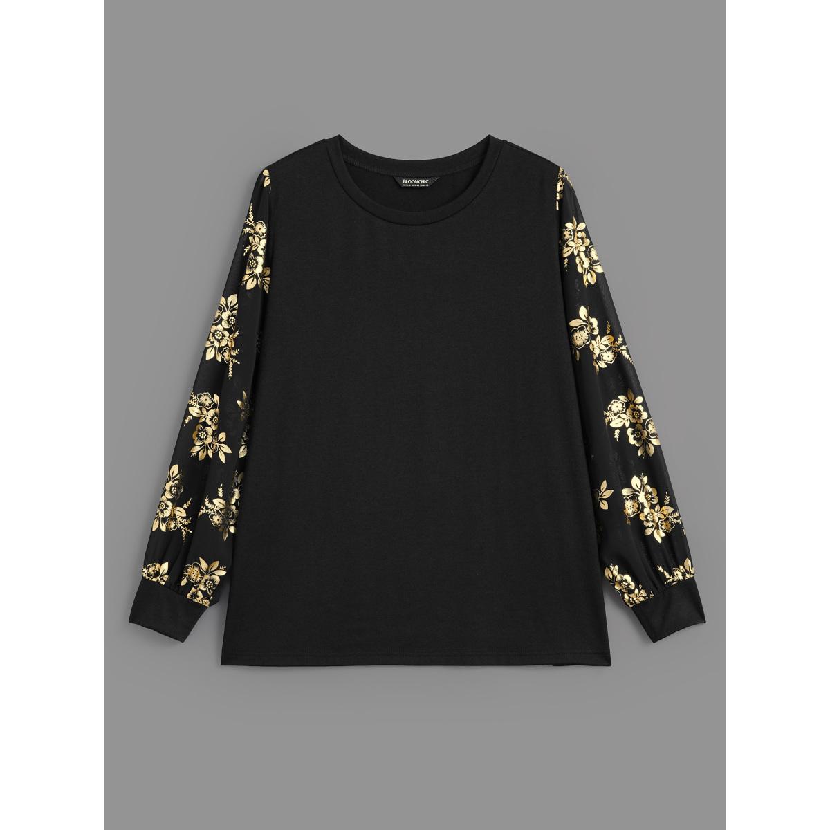 Plus Size Glitter Floral Patchwork Mesh T-shirt Black Women Elegant Contrast Natural Flowers Round Neck Everyday T-shirts BloomChic 30/6X Product Image