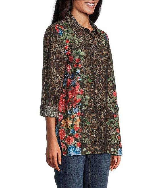John Mark Petite Size Animal Skin Floral Multi Print Point Collar Long Roll-Tab Sleeve Button Front Tunic Product Image