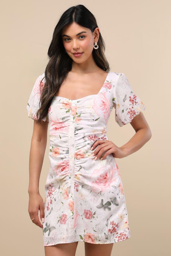 Kenlee Ivory Floral Puff Sleeve Mini Dress Product Image