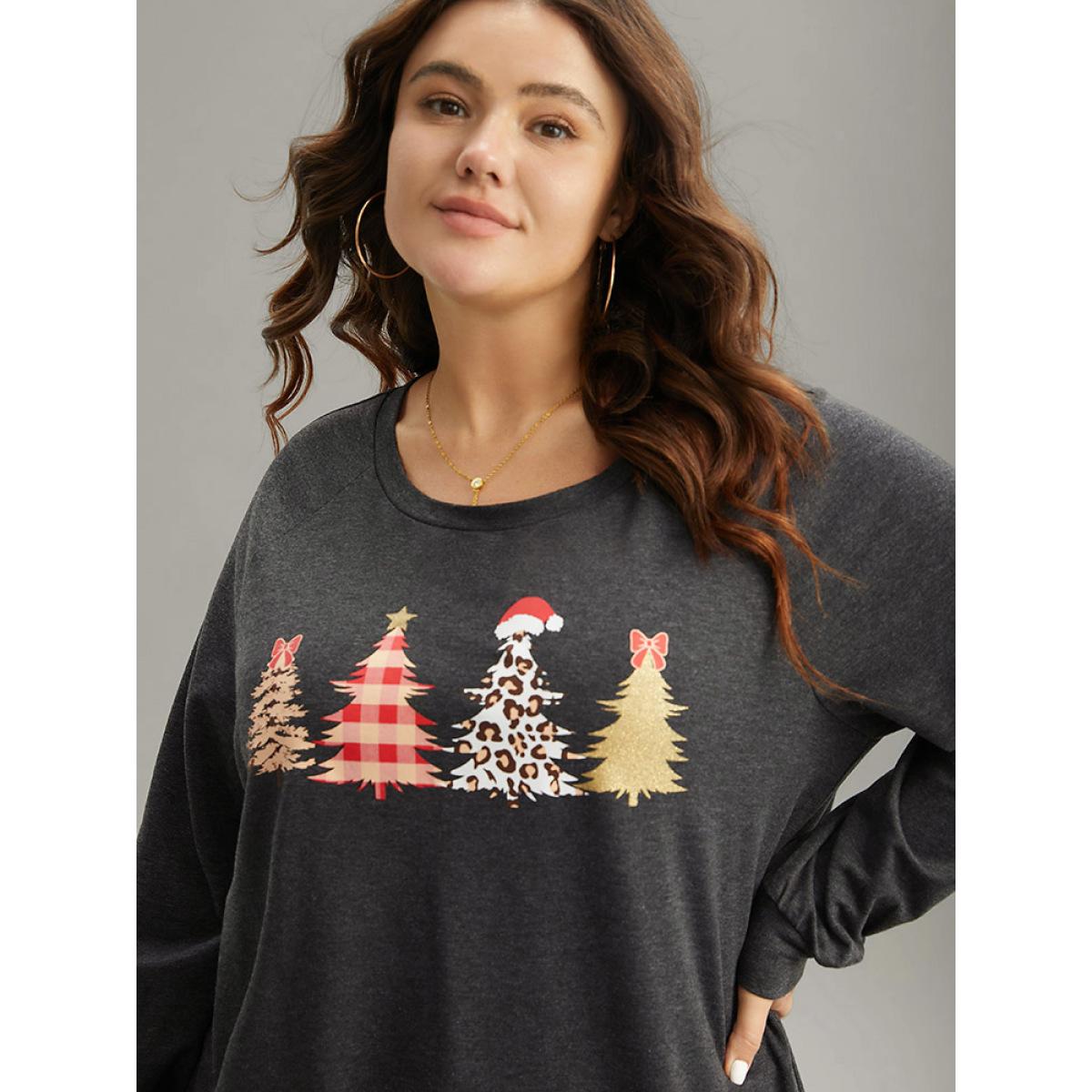 Plus Size Christmas Trees Round Neck Raglan Sleeve Sweatshirt Women DimGray Casual Printed Festival-Christmas Sweatshirts BloomChic 12/L Product Image