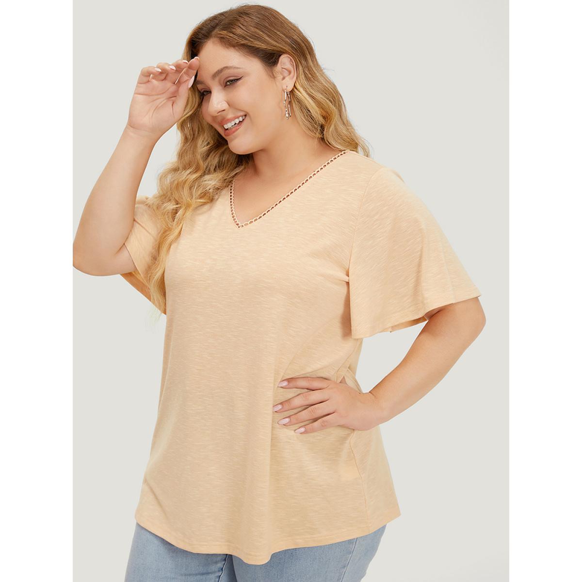 Plus Size Solid Heather Flutter Sleeve T-shirt LightBrown Women Elegant Heather Plain V-neck Dailywear T-shirts BloomChic 14-16/1X Product Image