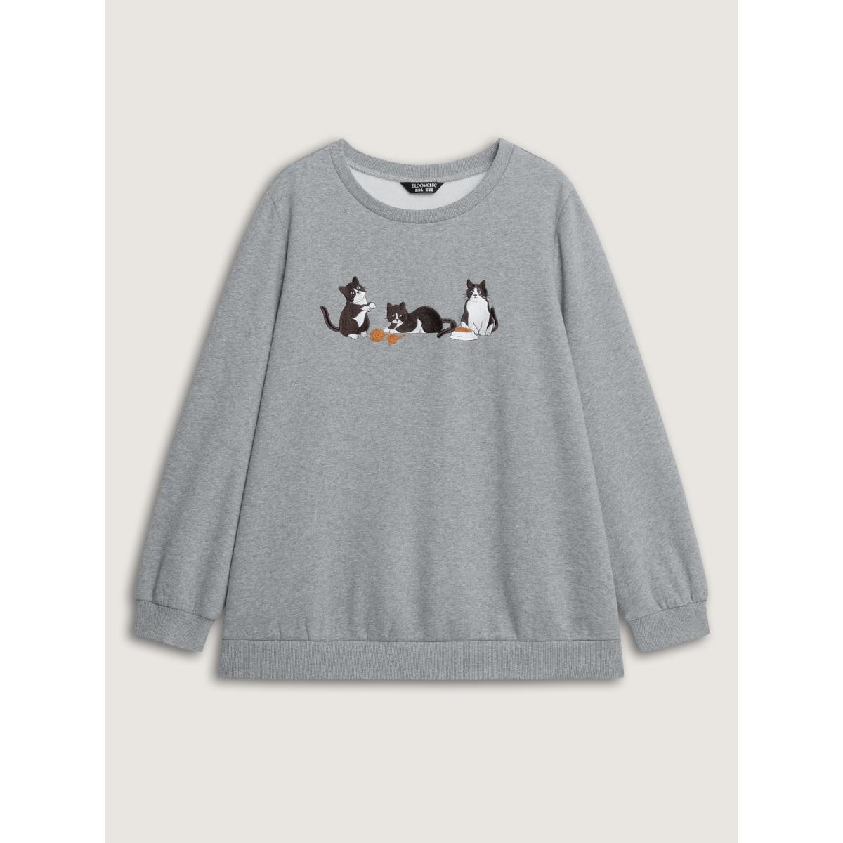 Plus Size Cat Towel Embroidery Fleece Lined Sweatshirt Women DarkGray Embroidered Round Neck Casual Sweatshirts BloomChic 30/6X Product Image