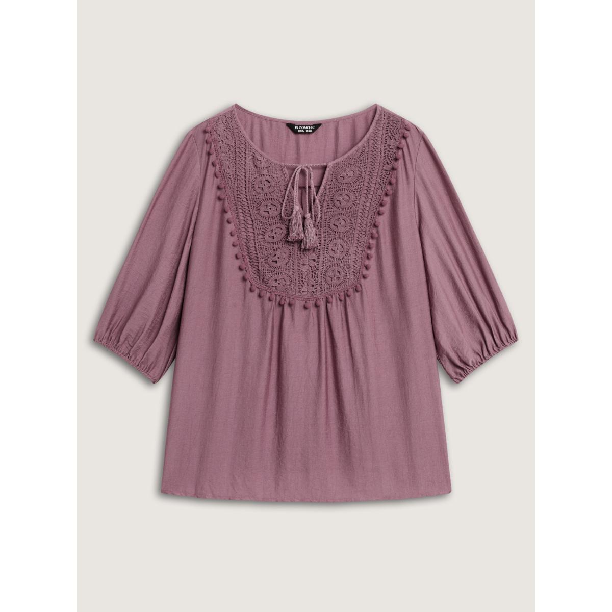 Plus Size Mauve Lace Neck Tie Flowy Solid Blouse Women Boho Elbow-length sleeve V-neck Vacation Blouses BloomChic 10/M Product Image