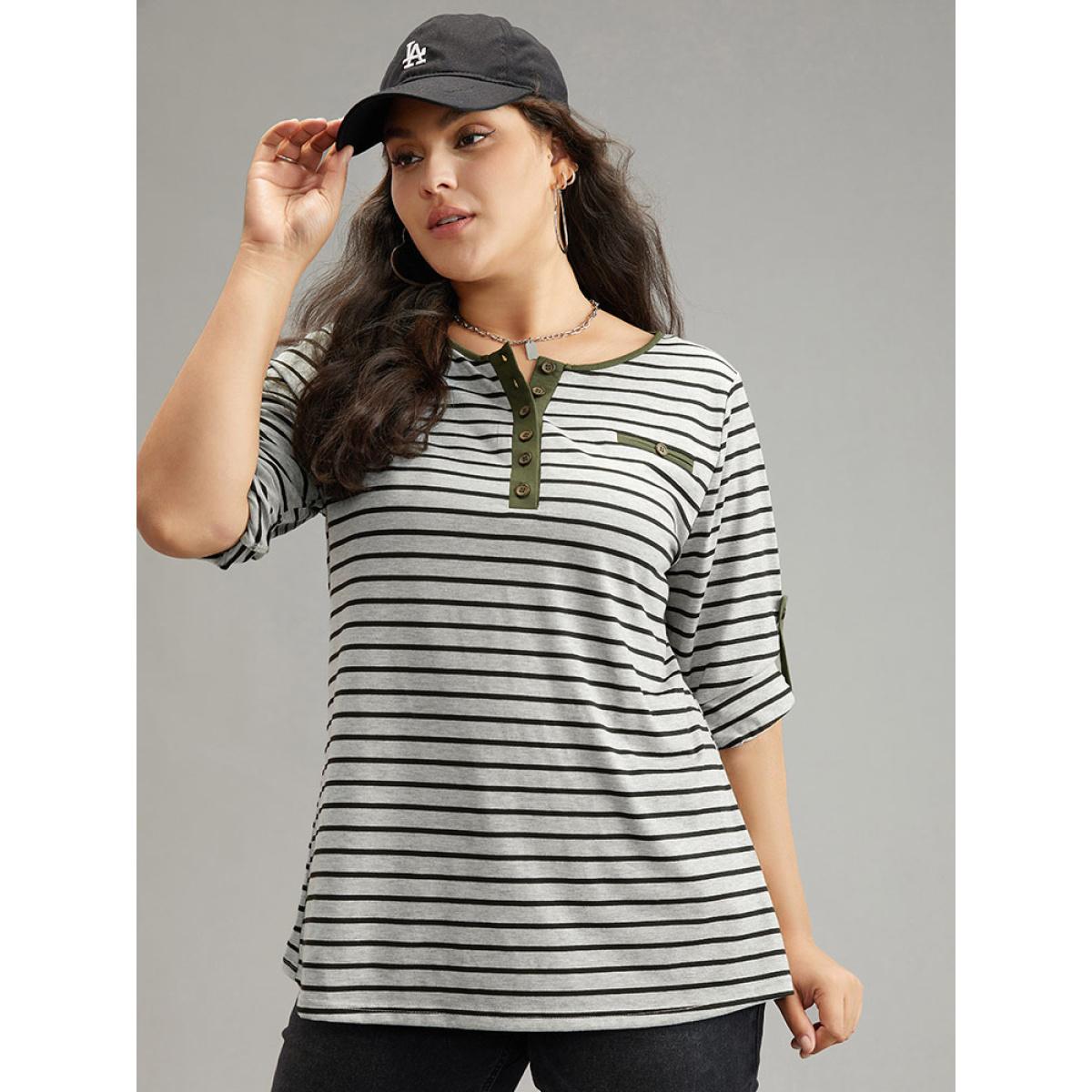 Plus Size Striped Contrast Button Up Tab Sleeve T-shirt Gray Women Casual Contrast Striped Open Front Everyday T-shirts BloomChic 14-16/1X Product Image