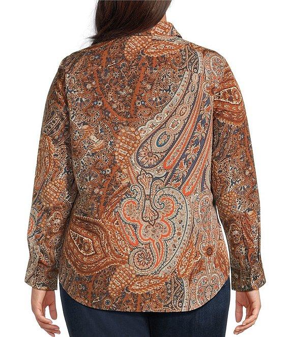 Lauren Ralph Lauren Plus Size Crepe de Chine Paisley Point Collar Long Sleeve Button-Front Shirt Product Image