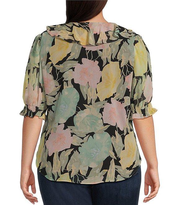 Lauren Ralph Lauren Plus Size Floral Crinkle Georgette Ruffle Trim Blouse Product Image