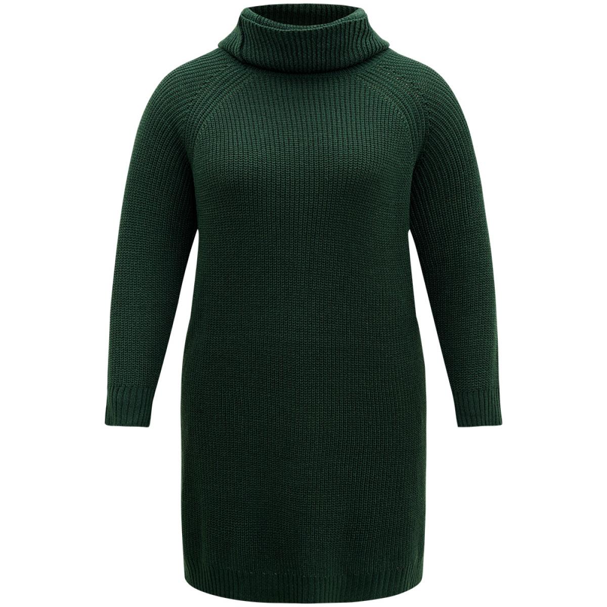 Plus Size Solid Plisse Turtle Neck Knee Sweater Dress DarkGreen Women Casual Loose Long Sleeve Festival-Christmas Sweater Dresses BloomChic 30/6X Product Image