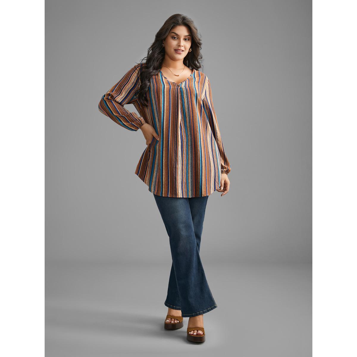 Plus Size Multicolor Contrast Striped Pocket Lantern Sleeve Blouse Women Elegant Extra Long Sleeve V-neck Everyday Blouses BloomChic 10/M Product Image