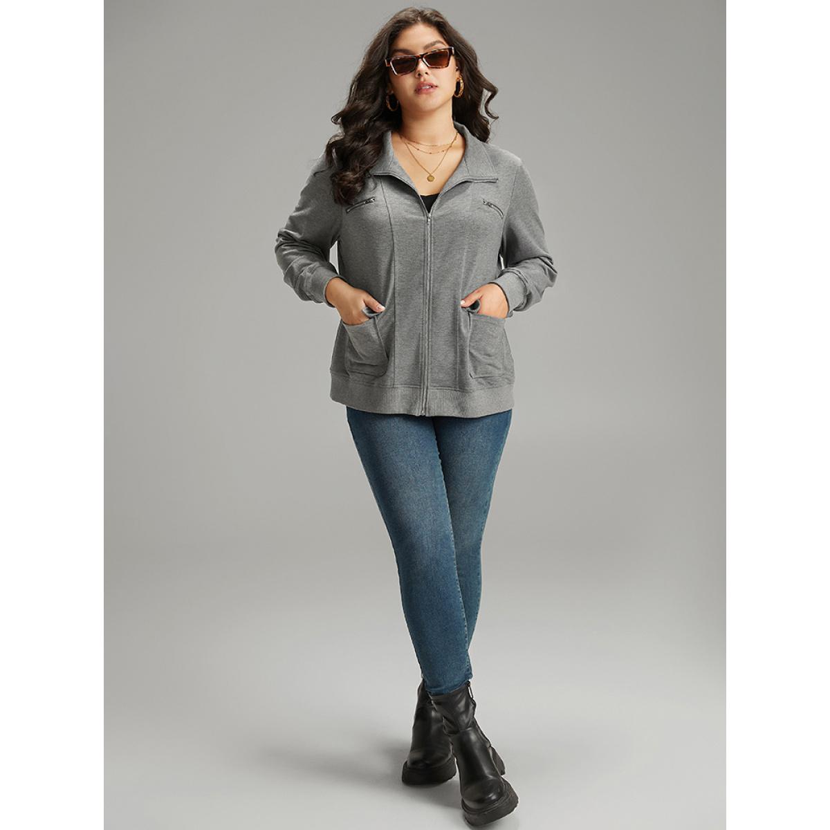 Plus Size Solid Zipper Pocket Jacket Women Gray Plain Pocket Everyday Jackets BloomChic 26/4X Product Image