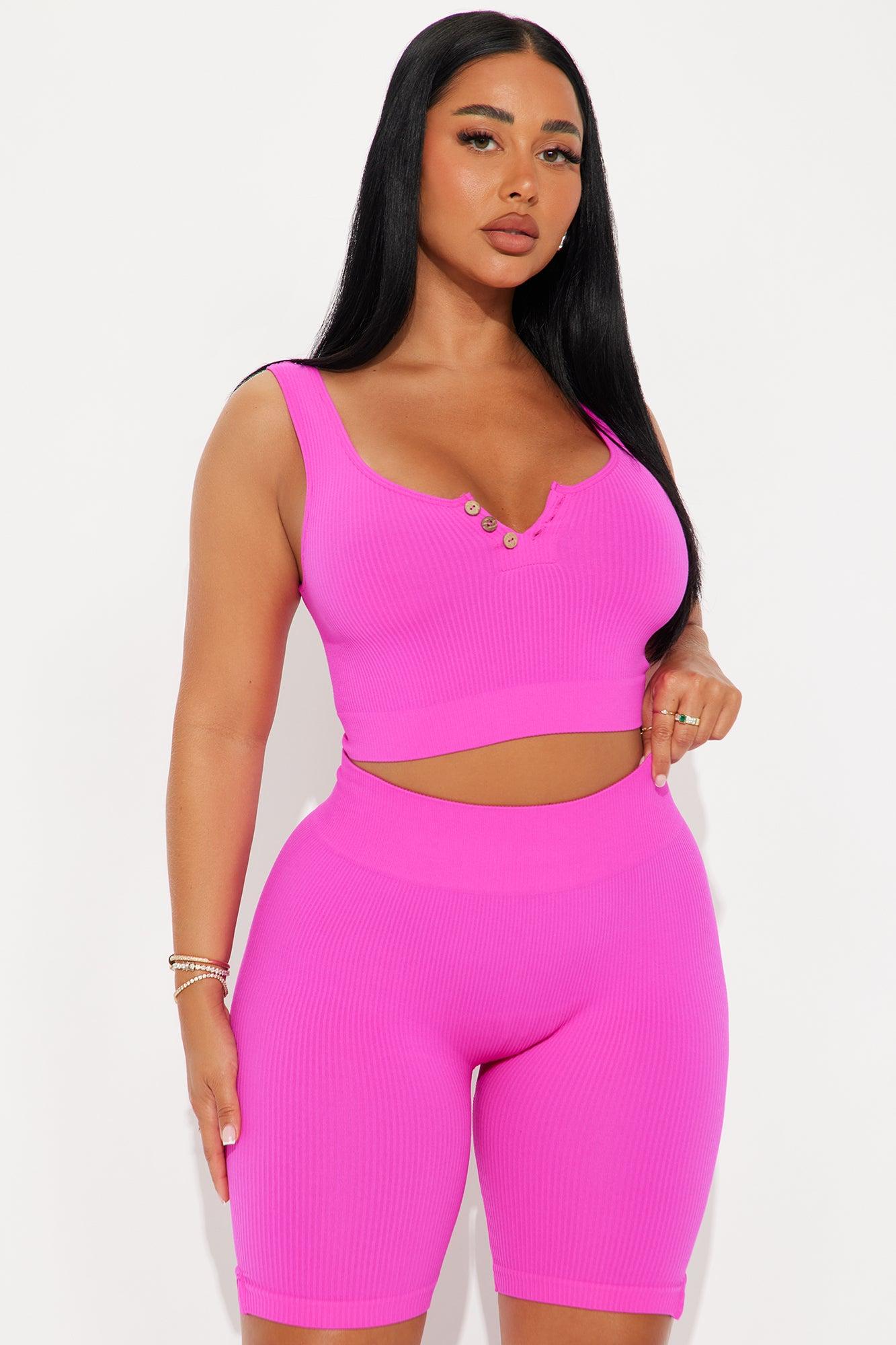 Hannah Seamless Ribbed Biker Short Set - Pink Female Product Image