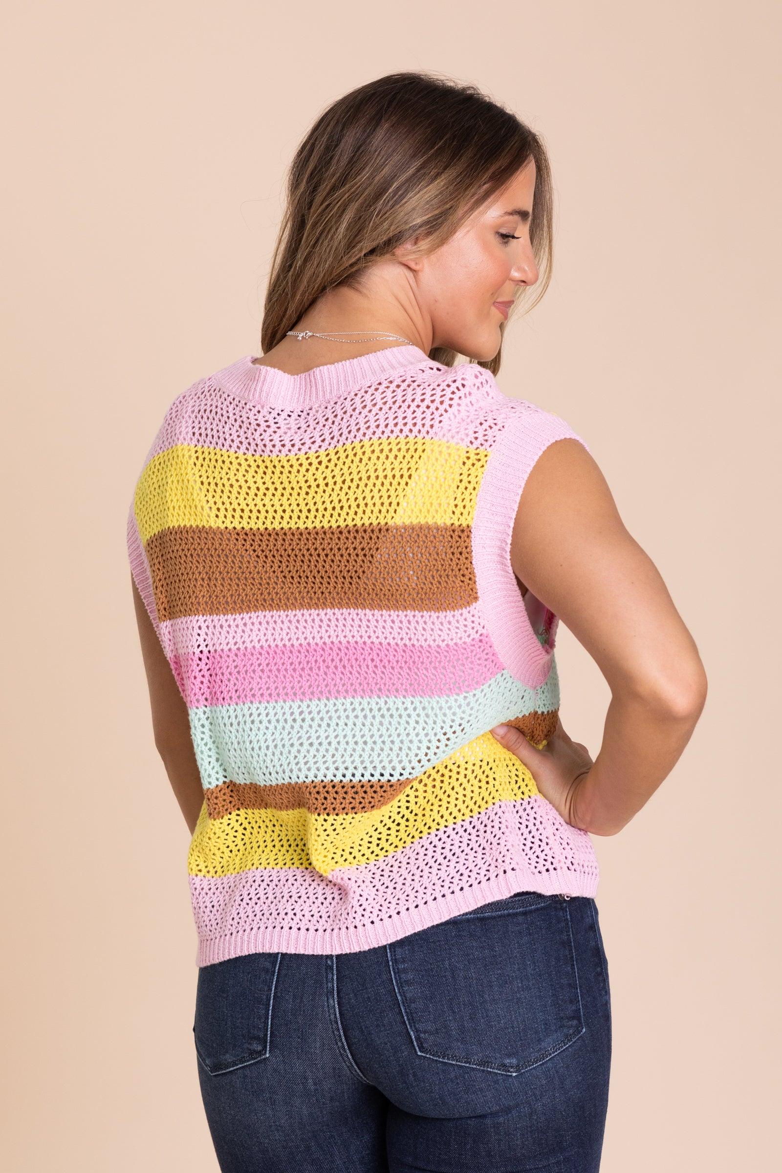 Pink Crochet Multi Stripe Knit Sweater Top Product Image