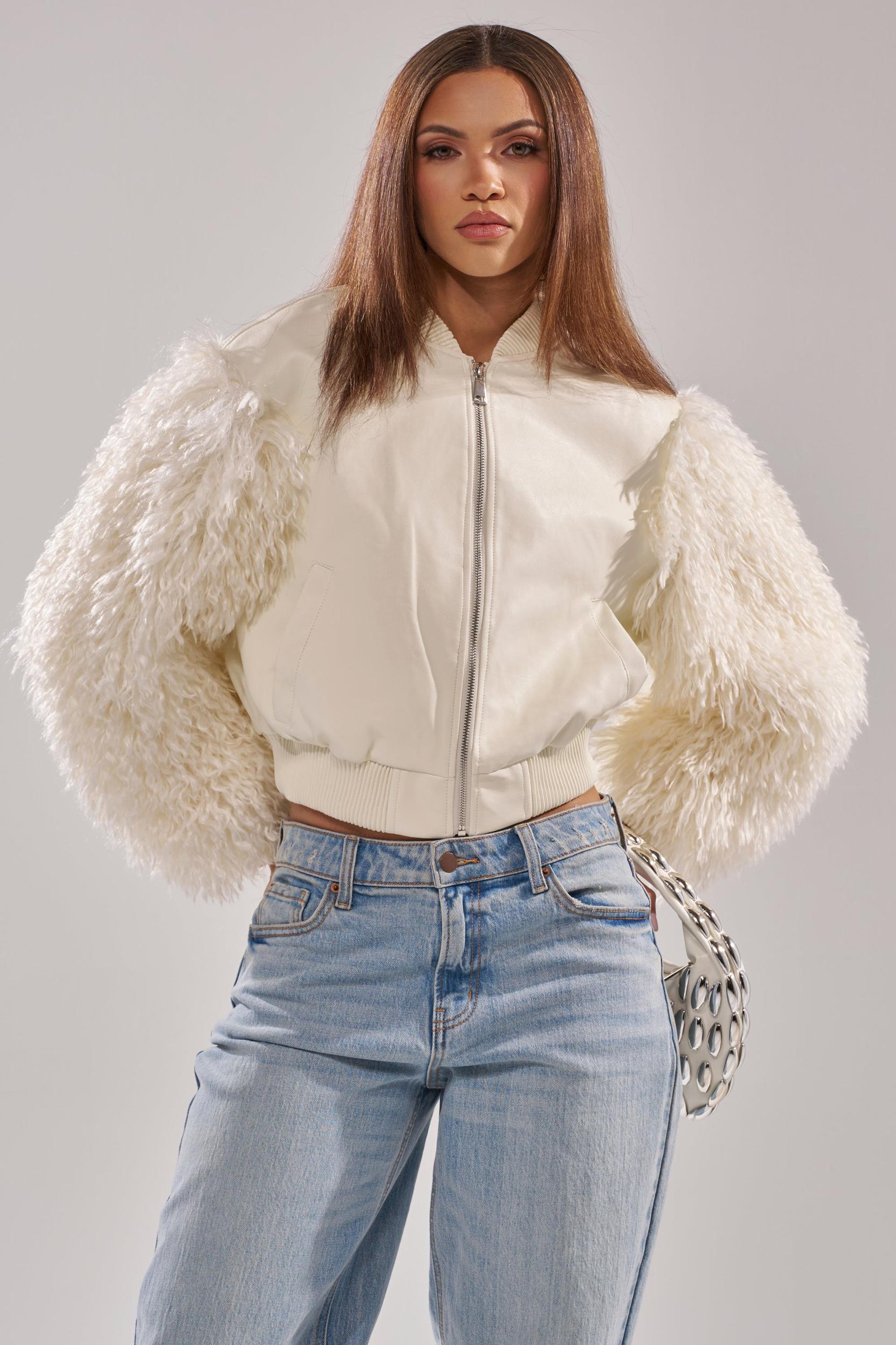 SO GOOD IT HURTS FUR SLEEVE BOMBER IN IVORY Product Image