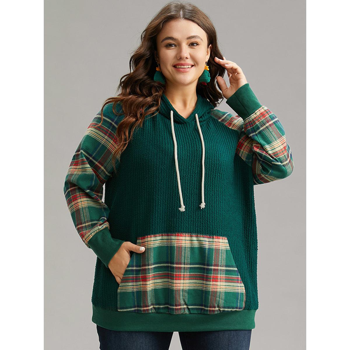 Plus Size Plaid Contrast Pocket Rib Knit Hooded Sweatshirt Women Green Casual Rib Knit Hooded Festival-Christmas Sweatshirts BloomChic 10/M Product Image