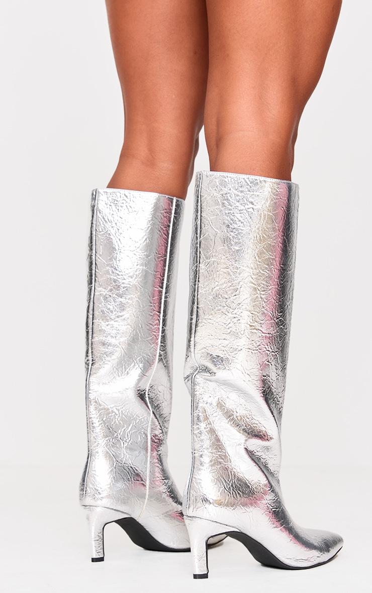 Silver Crinkle PU Point Toe Low Stiletto Knee High Heel Boots Product Image