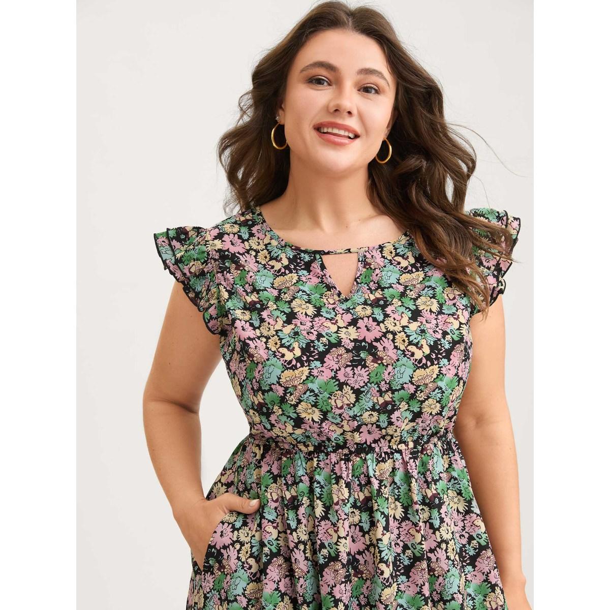Plus Size Floral Layered Ruffled Sleeve Midi Dress Black Women Round Neck Cap Sleeve Curvy BloomChic 14-16/1X Product Image
