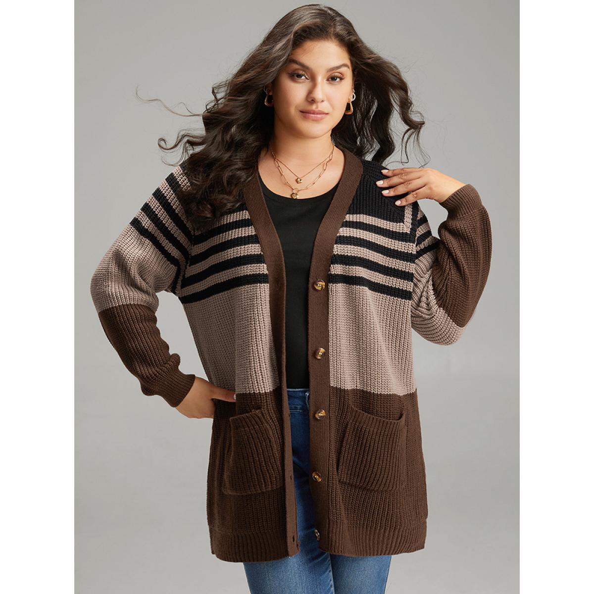 Plus Size Striped Colorblock Patched Pocket Cardigan Multicolor Women Casual Loose Long Sleeve Dailywear Cardigans BloomChic 12/L Product Image