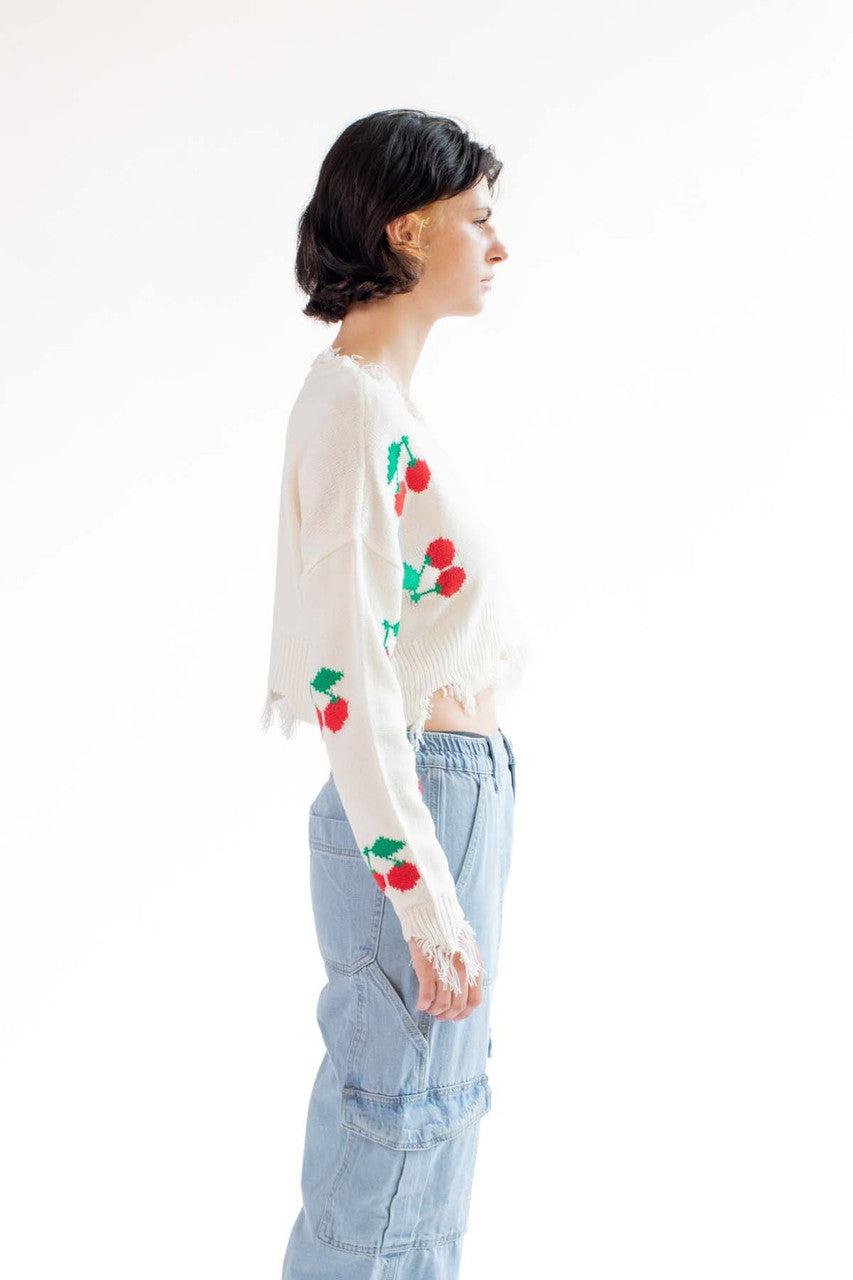 Cropped Cherry Frayed Sweater Product Image