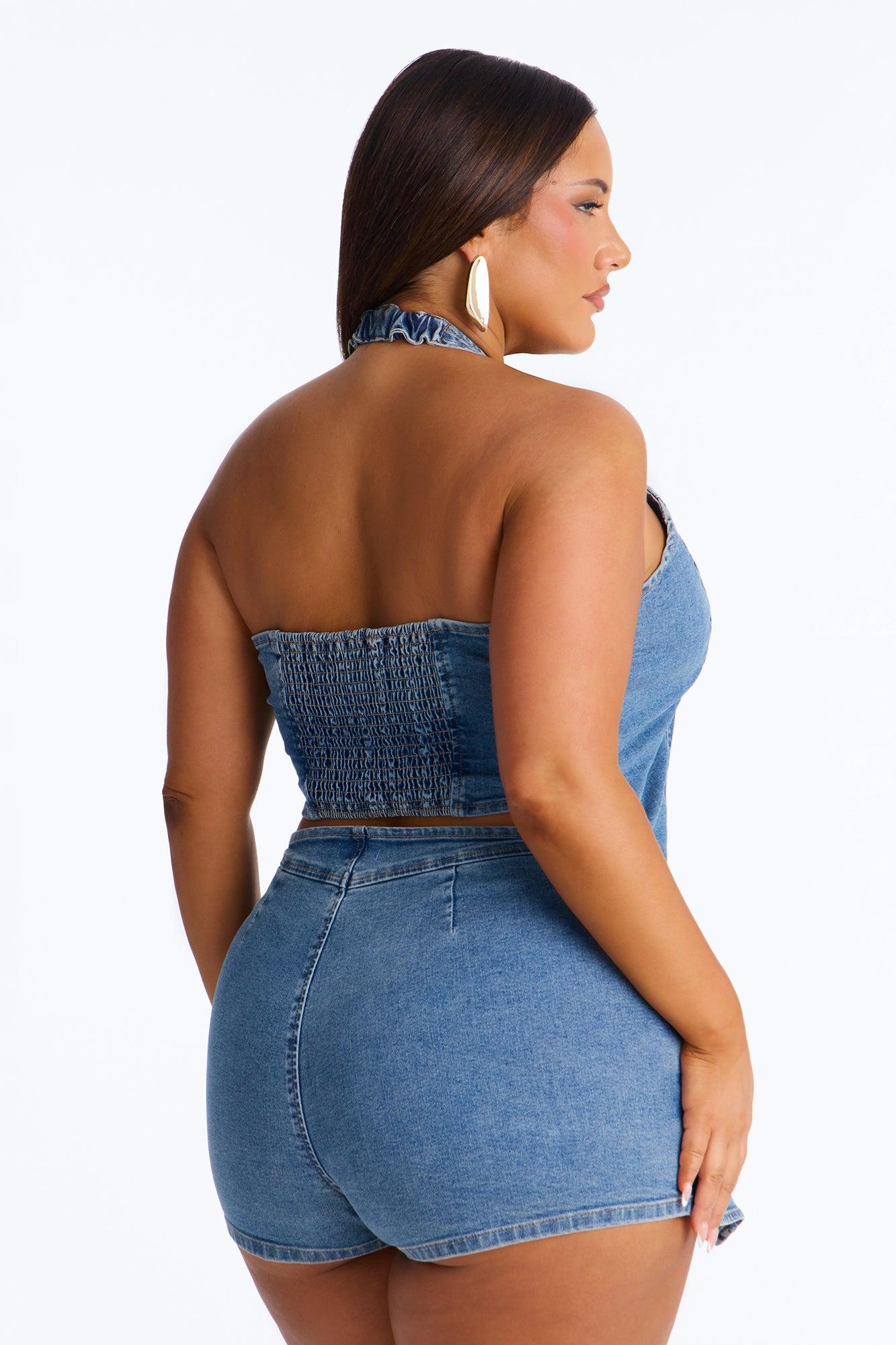 Cyndi Denim Halter Romper - Medium Wash Female Product Image