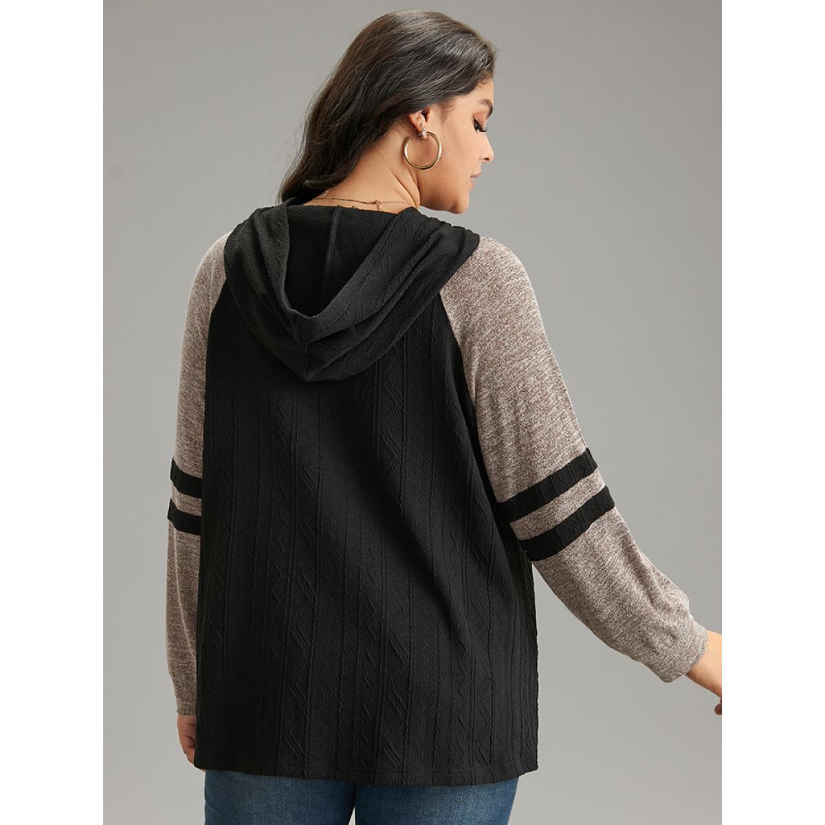 Plus Size Contrast Textured Raglan Sleeve Pocket Hooded Sweatshirt Women Black Casual Texture Hooded Dailywear Sweatshirts BloomChic 14-16/1X Product Image