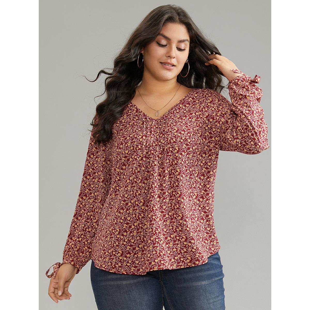 Plus Size Scarlet Ditsy Floral Ties V Neck Pleated Blouse Women Elegant Long Sleeve V-neck Dailywear Blouses BloomChic 26/4X Product Image