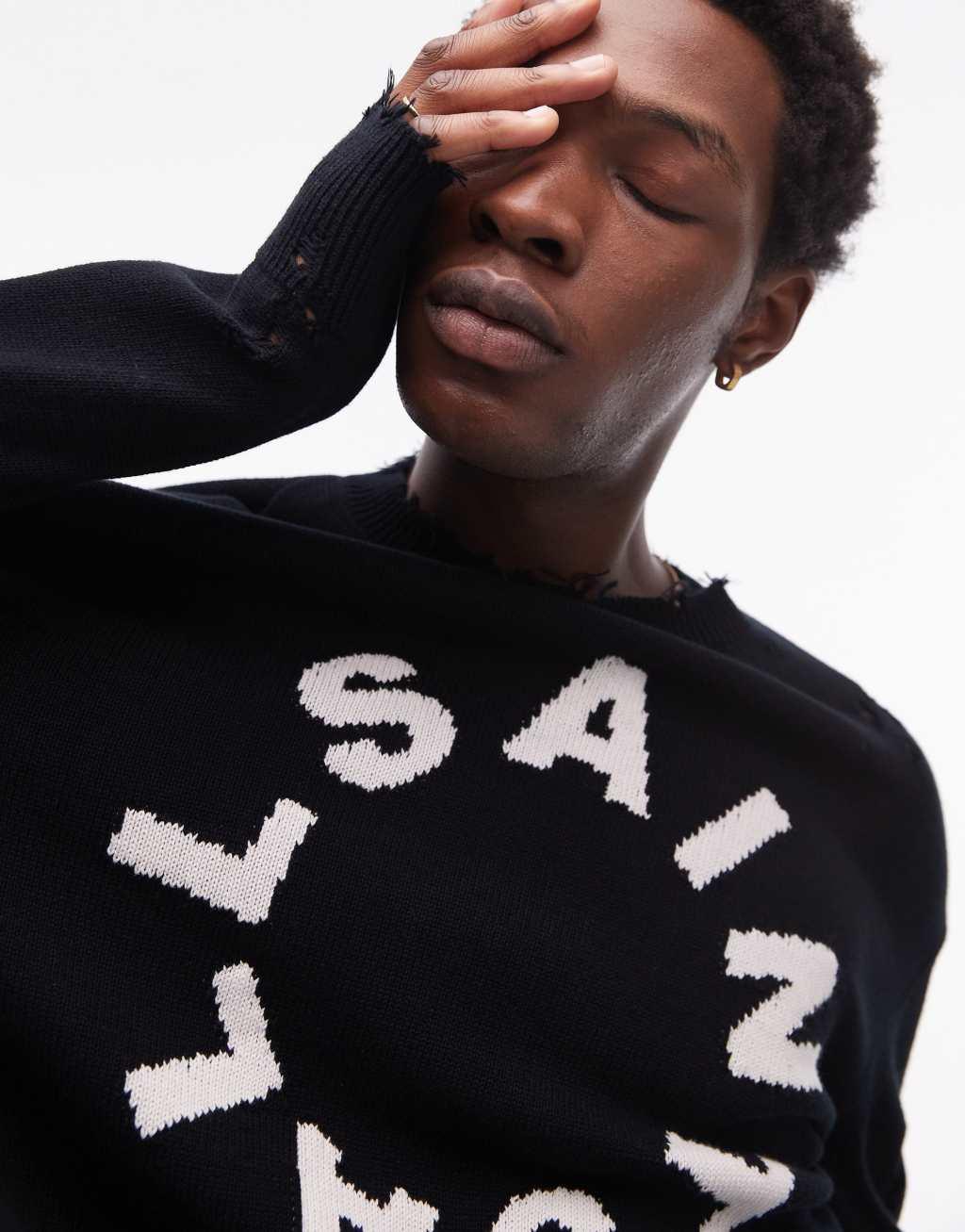 AllSaints Diageo logo distressed knit sweater in black Product Image