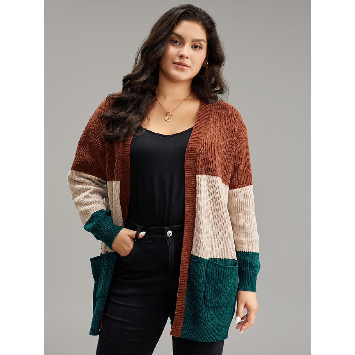 Plus Size Open Front Colorblock Patched Pocket Cardigan Multicolor Women Casual Loose Long Sleeve Dailywear Cardigans BloomChic 22-24/3X Product Image