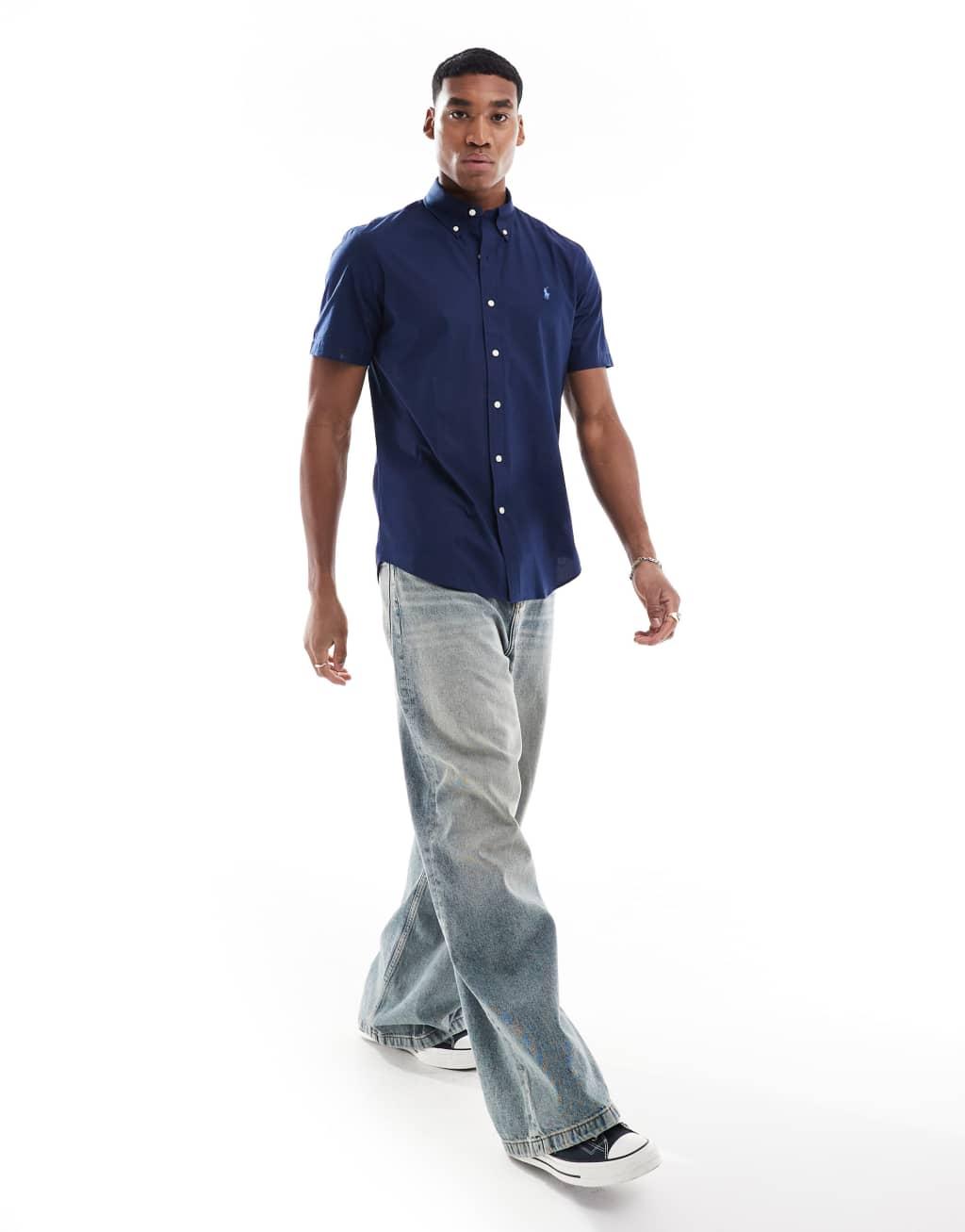 Polo Ralph Lauren icon logo short sleeve poplin shirt custom fit in navy Product Image