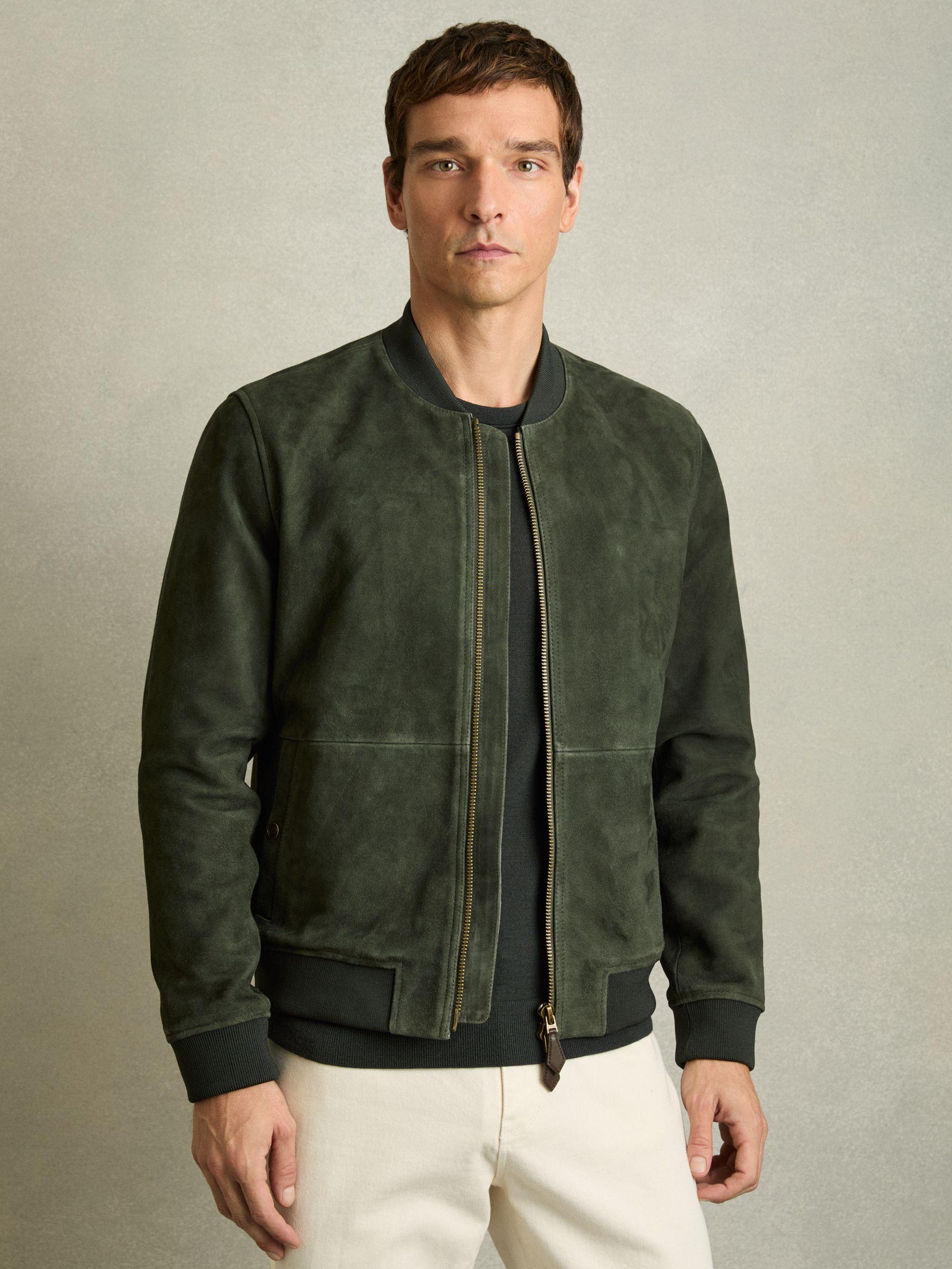 Suede Zip-Through Bomber Jacket in Antique Dark Forest Green Product Image