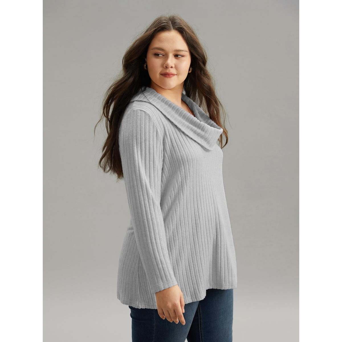 Plus Size Plain Rib Knit Cowl Neck T-shirt LightGray Women Elegant Texture Plain Ruffled collar Dailywear T-shirts BloomChic 22-24/3X Product Image