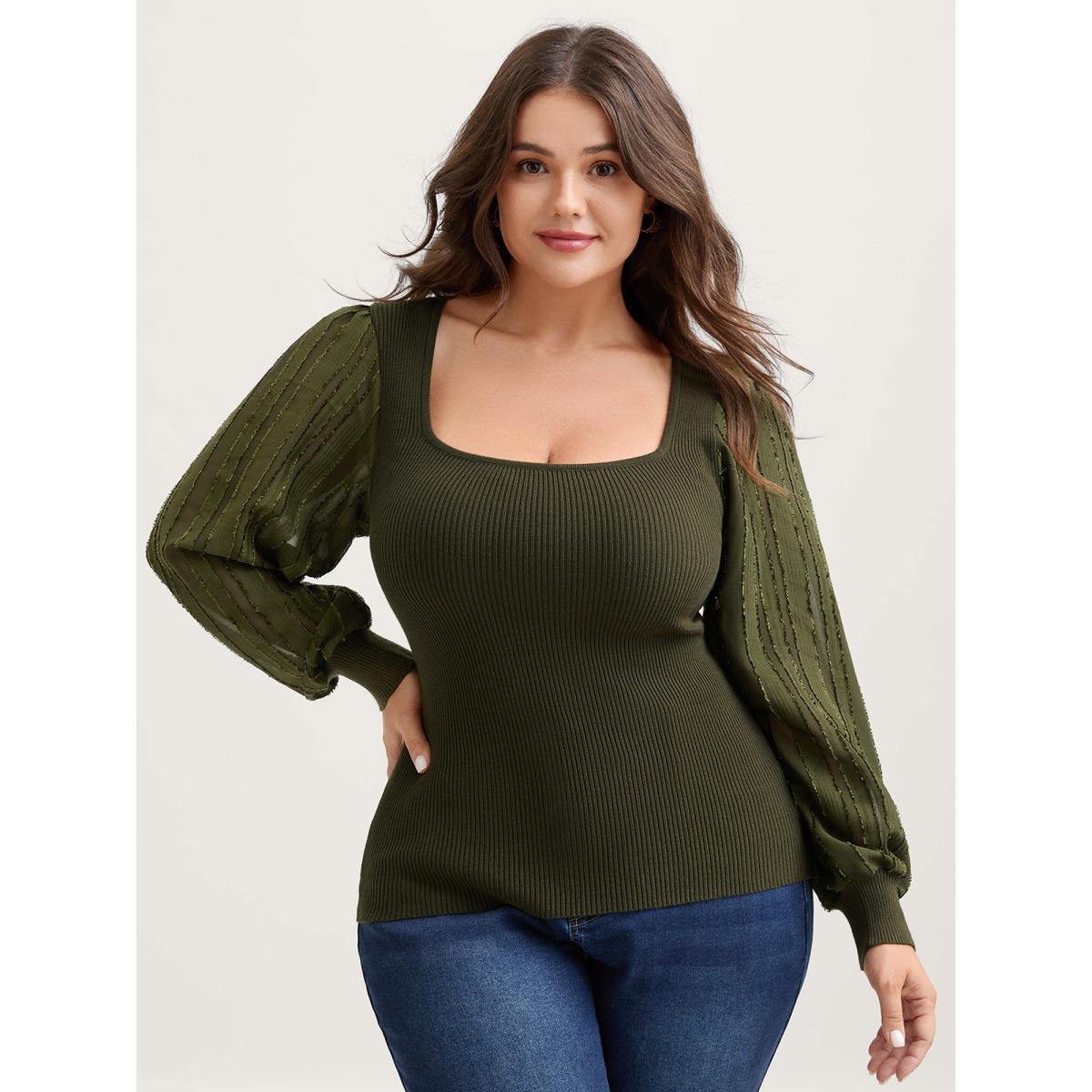 Plus Size Bodycon Fit Textured Square Neck Pullover ArmyGreen Women Romantic Bodycon Long Sleeve Square Neck Elegant Pullovers BloomChic 12/L Product Image
