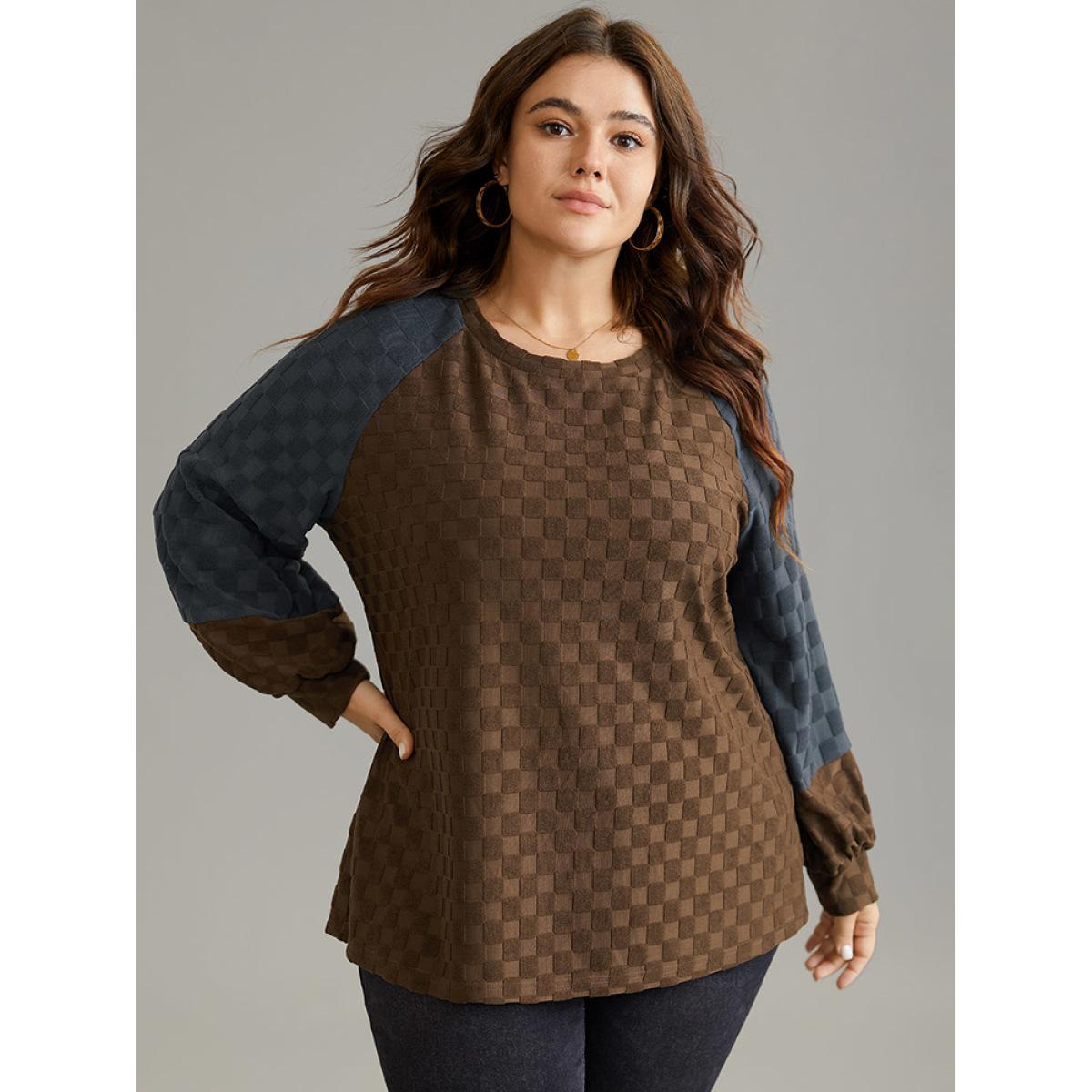 Plus Size Check Two Tone Raglan Sleeve Sweatshirt Women DarkBrown Casual Texture Round Neck Dailywear Sweatshirts BloomChic 22-24/3X Product Image