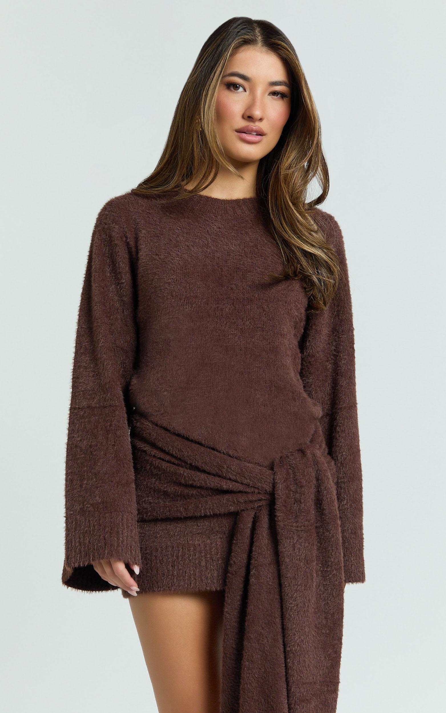 Tisdale Mini Dress - Wrap Skirt Fluffy Knit Jumper Dress in Chocolate Product Image